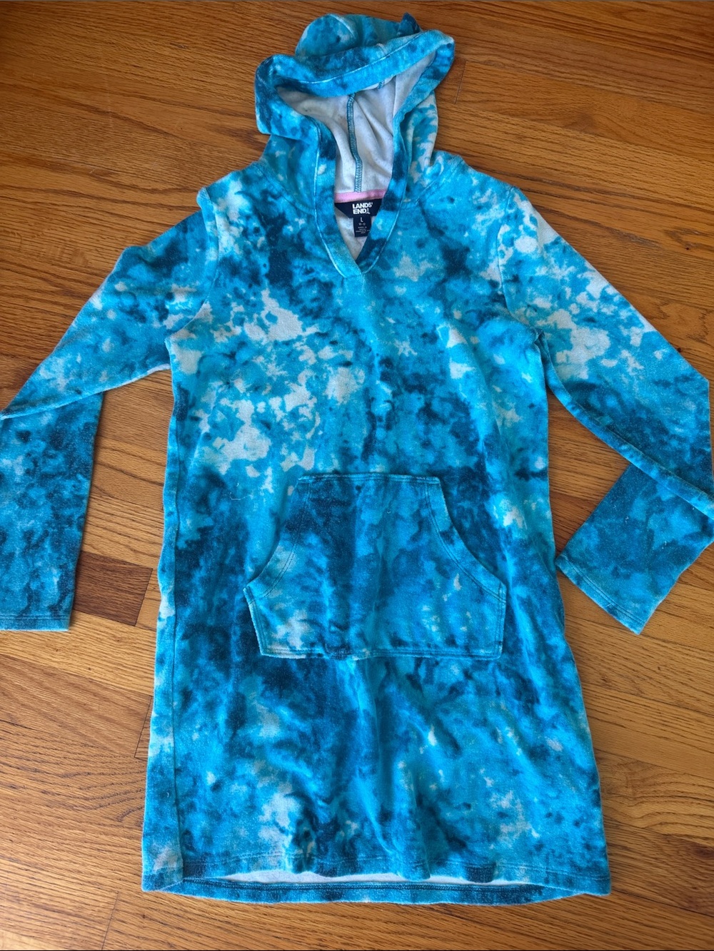 Lands' End Kids Turquoise & White Tie-Dye Hooded Swim Coverup